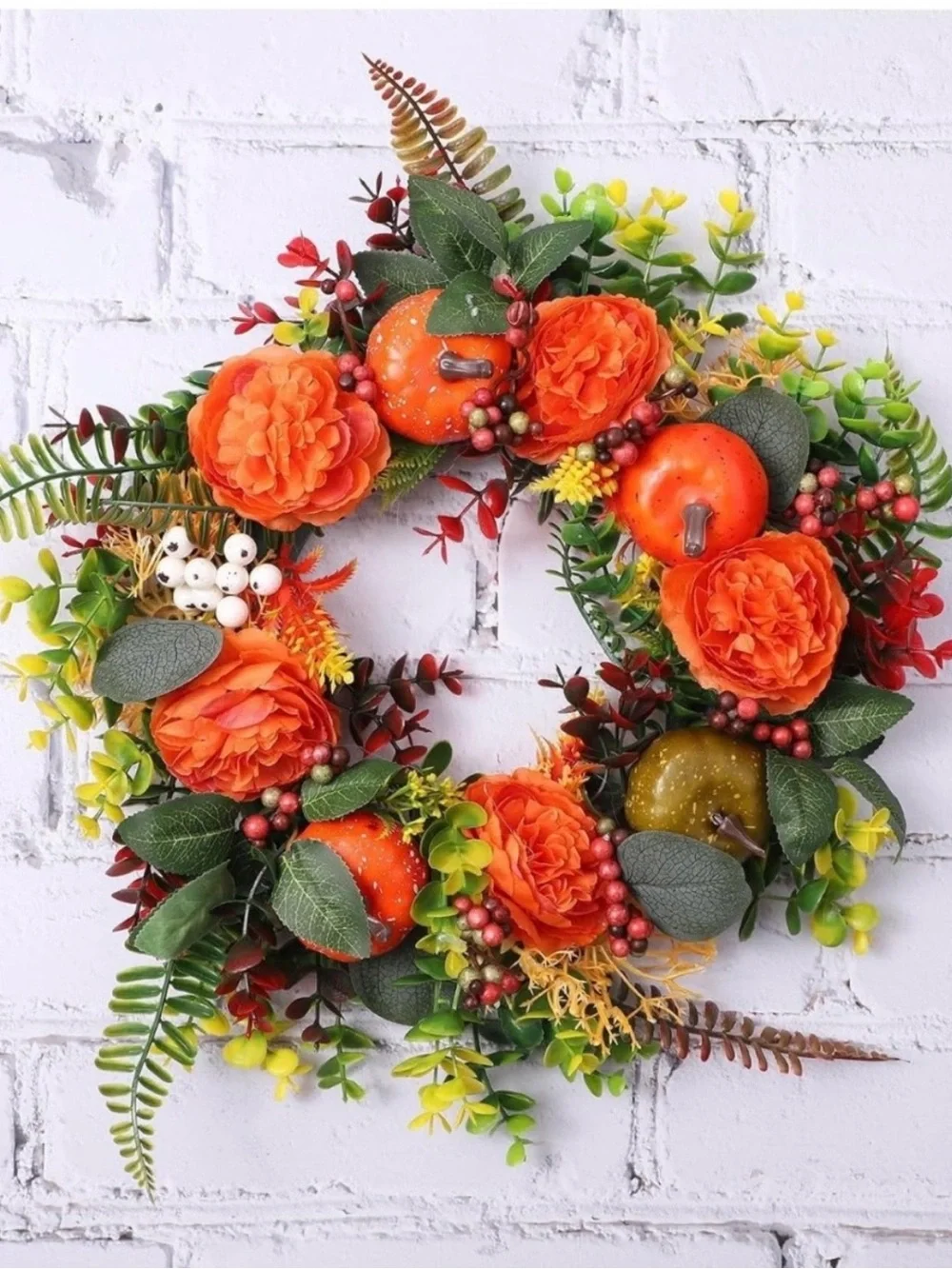 NWOT-Autumn Peony & Pumpkin Faux Floral Indoor/ Outdoor Wreath.